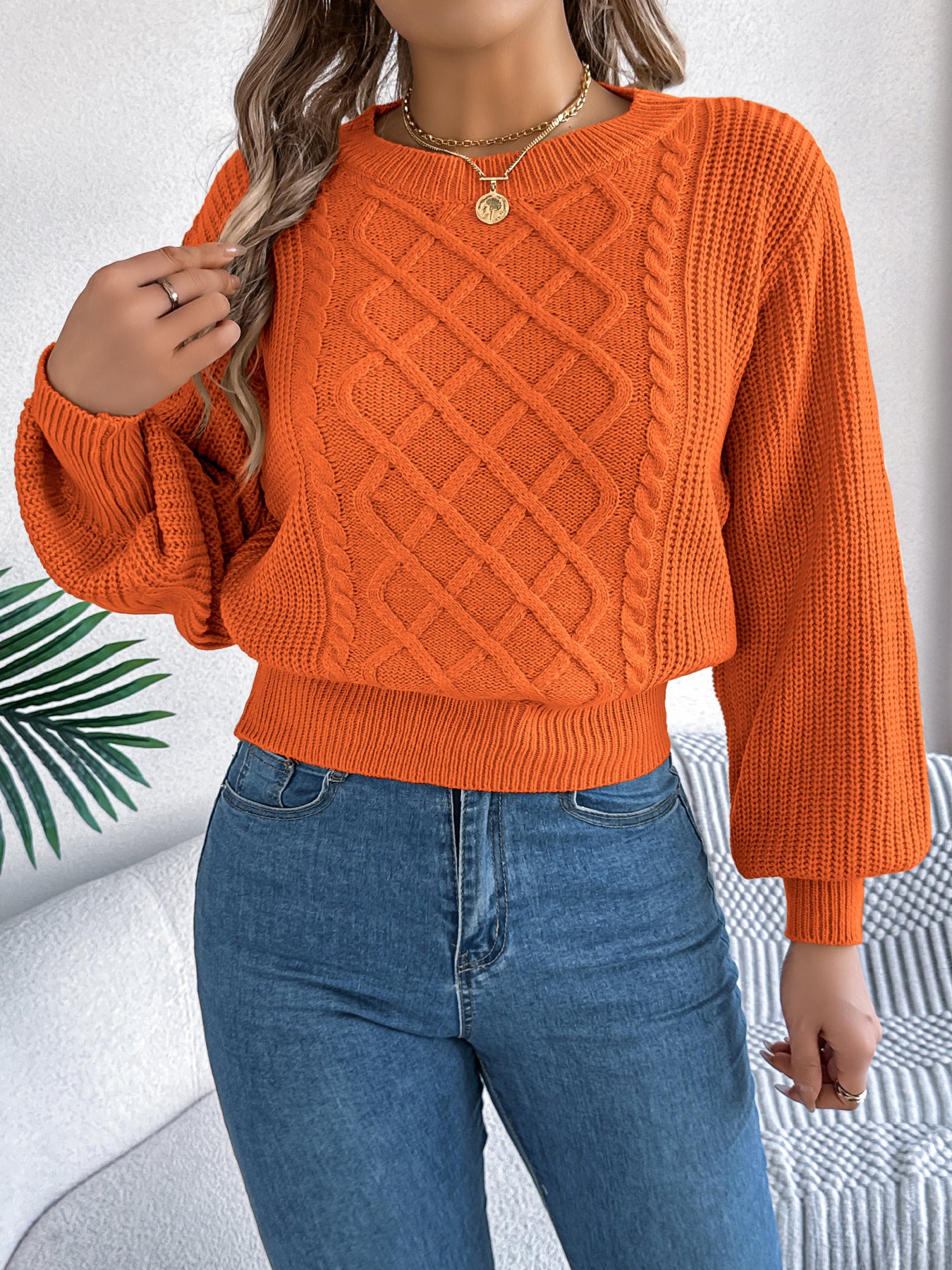 Autumn Winter Solid Color Twist Lantern Long Sleeve Waist Tight Pullover Women Clothing