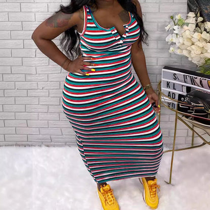 Plus Size Personality Gap V Neck Slim Color Stripes Dress