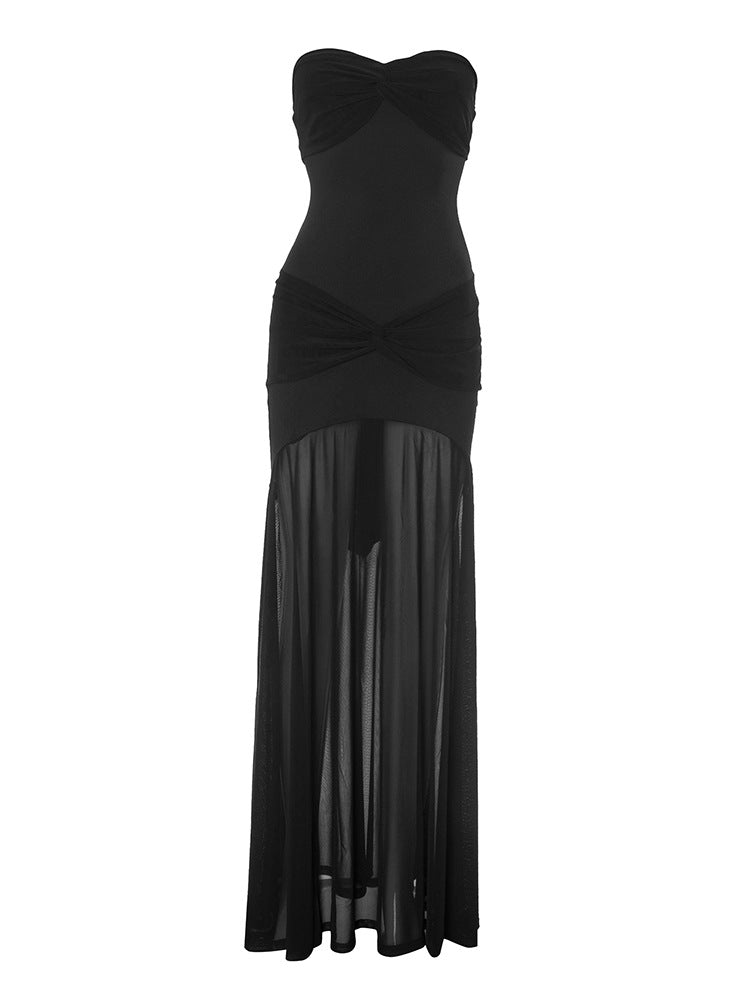 Women Clothing Solid Color Sleeveless Backless Slim Fit Sheath Pleated Tube Top Maxi Dress
