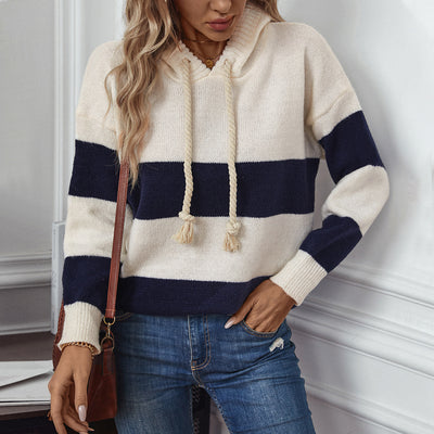 Hooded Color Contrast Pullover Sweater Top Women Autumn Winter Loose Casual All Matching Women Knitwear Top
