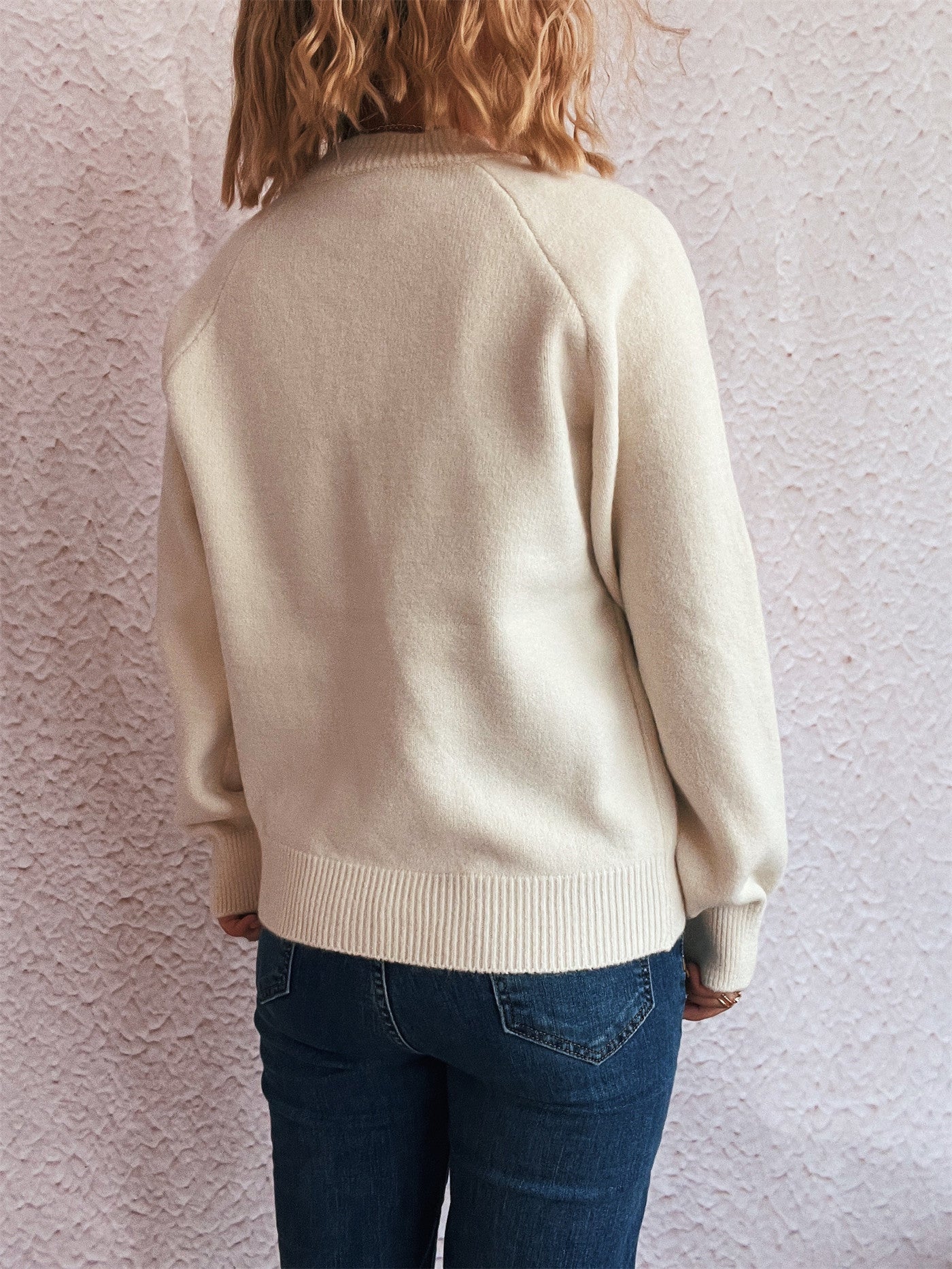 Solid Color Buttons Casual Retro Knitted Top round Neck Long Sleeve Warm Sweater