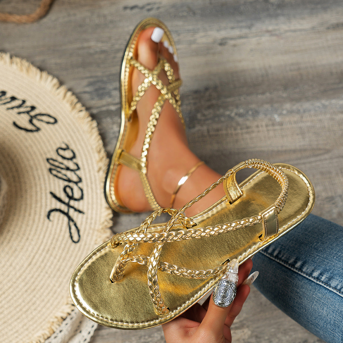 Bottom Flip Flops Women Solid Color Woven Flip Toe Outdoor Beach Sandals
