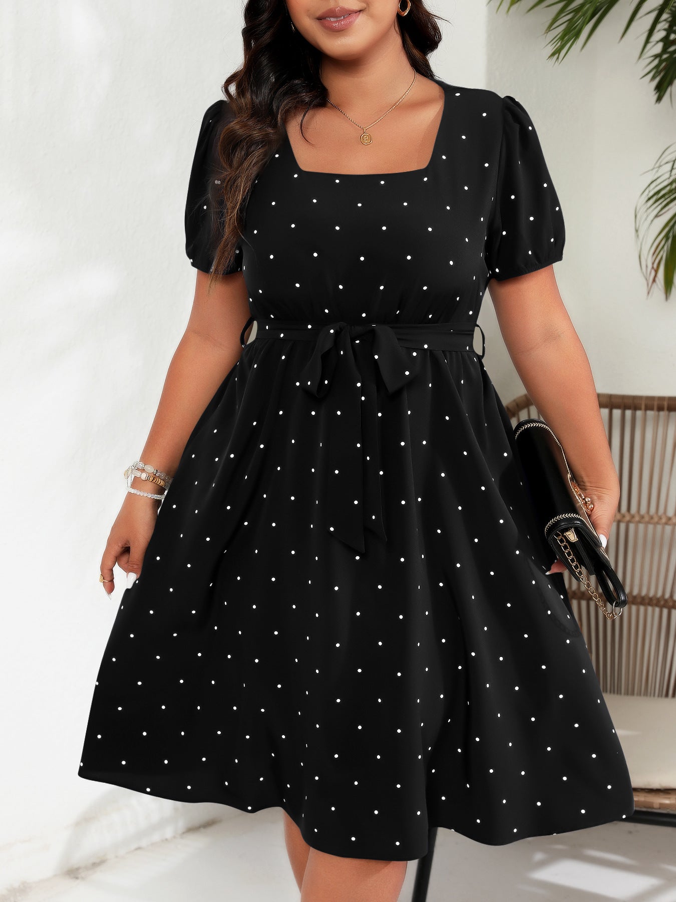 Plus Size Women Elegant Retro Dots Waist Controlled Lace up Square Collar Large Swing Dress