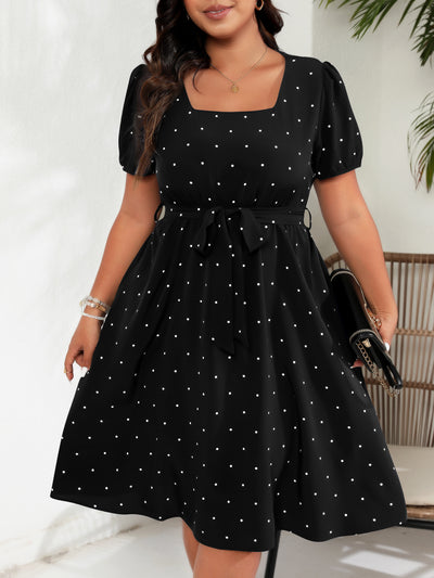 Plus Size Women Elegant Retro Dots Waist Controlled Lace up Square Collar Large Swing Dress