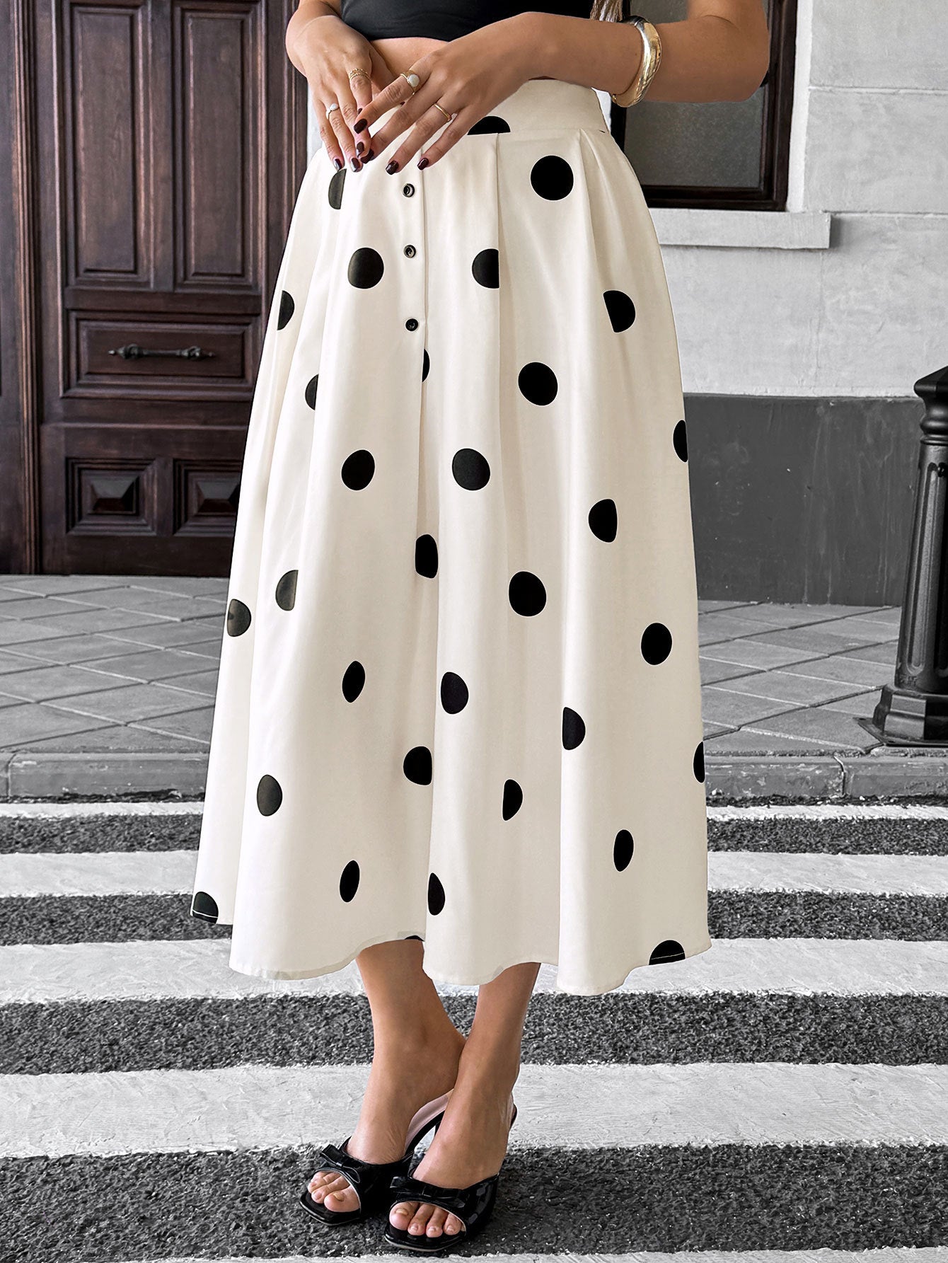 Summer Mid Length Umbrella Skirt Polka Dot Skirt Elastic Elegant Retro A line Skirt