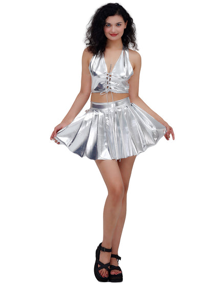 Women Dazzling Patent Leather Pleated Skirt Stage Nightclub High Waist Slimming A line Short Skirt Disco Dancing Costume