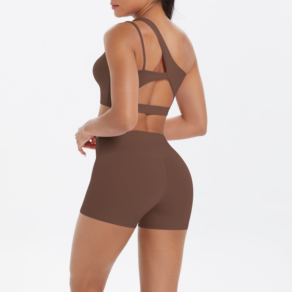 Oblique One Shoulder Beauty Back Yoga Bra Nude Feel Sports Bra Strap Running Workout Vest Shorts Set Women