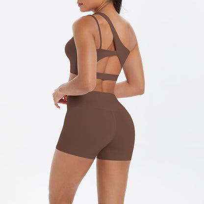 Oblique One Shoulder Beauty Back Yoga Bra Nude Feel Sports Bra Strap Running Workout Vest Shorts Set Women