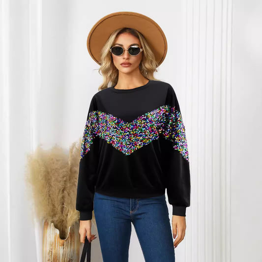 Women Clothing Autumn Winter Colorful Shimmer Sequ Decorative Solid Color Top Office Sweatshirt