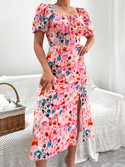 Women Clothing Puff Sleeve Floral Split Dress Vacation