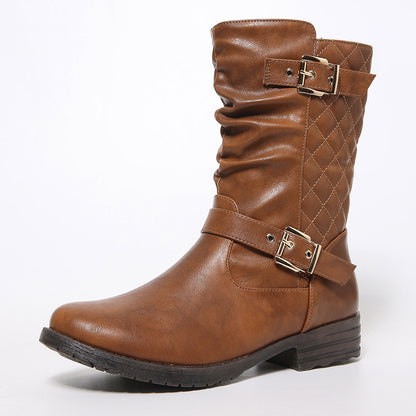 Western Denim Mid-Calf Boots for Women Chain Rivet Chunky Heel Knight Boots