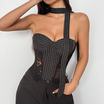 Women Clothing See through Lace Stitching Contrast Color Striped off-Shoulder Boning Corset Chest Cotton Wrapped Chest