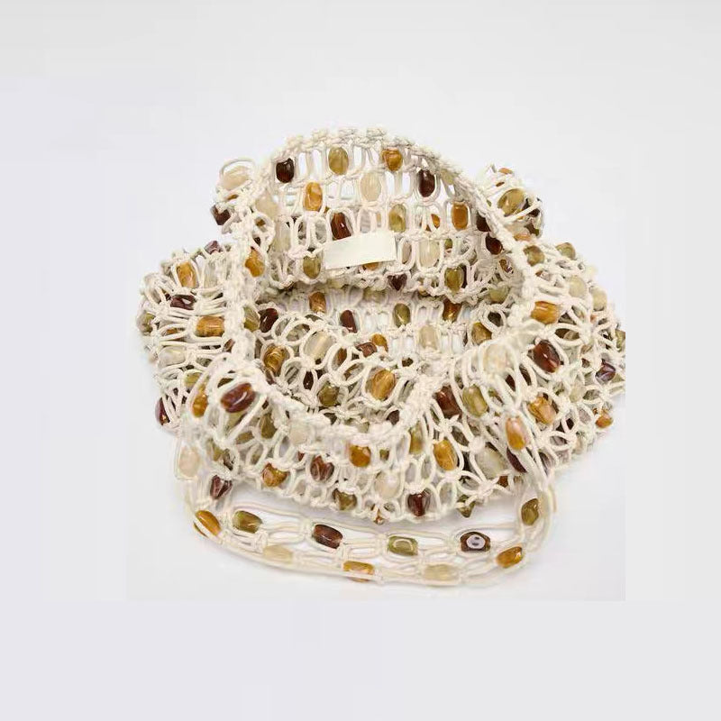 Summer Casual Beaded Bag Women Special Interest High Sense Woven Bag Plaid Hollow Out Cutout Wooden Bead Beach Bag - GLAMWEARS