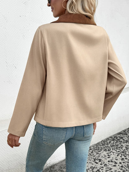 Women Clothing Autumn Winter Collared Jacket Short Contrast Color Coat Women