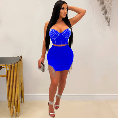 Women Wear Drilling Tassel Sleeveless Slip Dress Two Piece Set