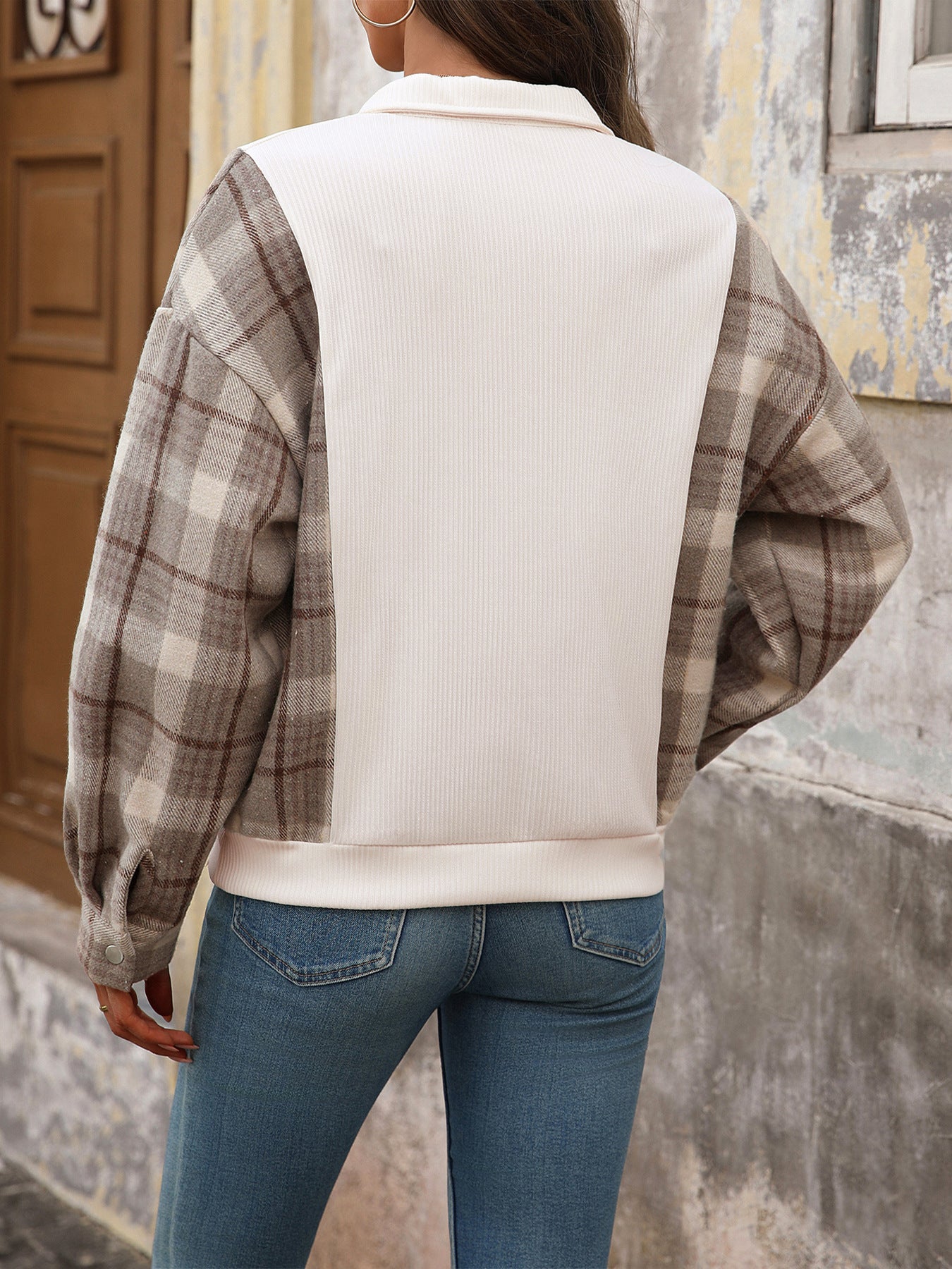 Autumn Winter Casual Retro Half Open Collar Plaid Stitching Loose Sweater