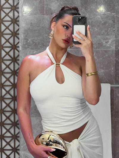 Women Clothing Sleeveless Backless Perforated Hollow Out Cutout out Halter Strap Tight Vest Top