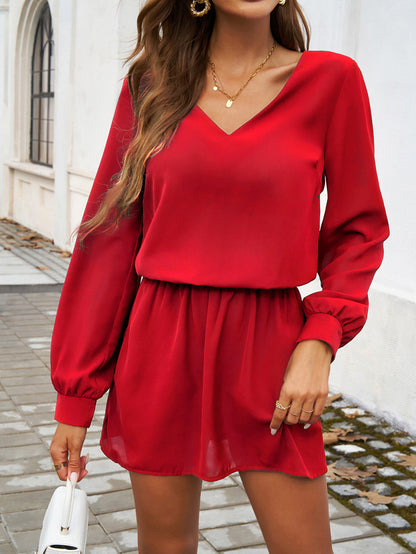 Autumn Winter Women Clothing Casual Solid Color Puff Sleeve Dress