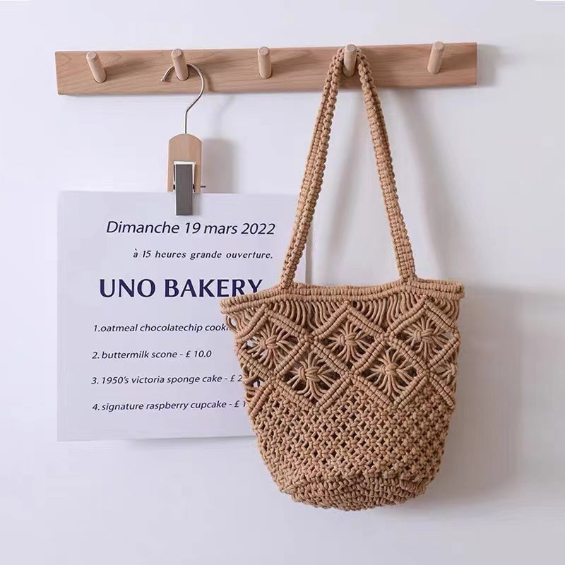 Artistic Simple Cotton Thread Shoulder Woven Bag Summer Niche Hollow Out Cutout Straw Bag Portable Women Bag Vacation Beach Bag - GLAMWEARS
