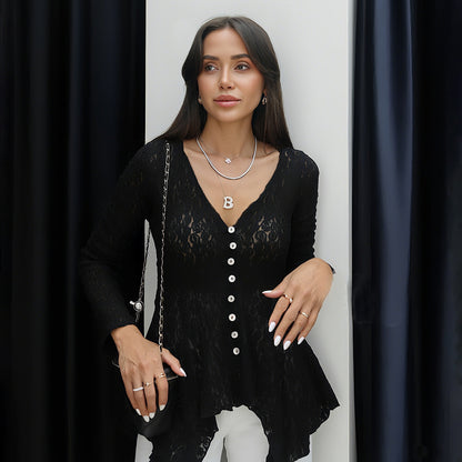 Women Clothing Solid Color Sexy Cutout Irregular Asymmetric Hem Lace Long Sleeve Cardigan T shirt Women