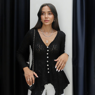 Women Clothing Solid Color Sexy Cutout Irregular Asymmetric Hem Lace Long Sleeve Cardigan T shirt Women