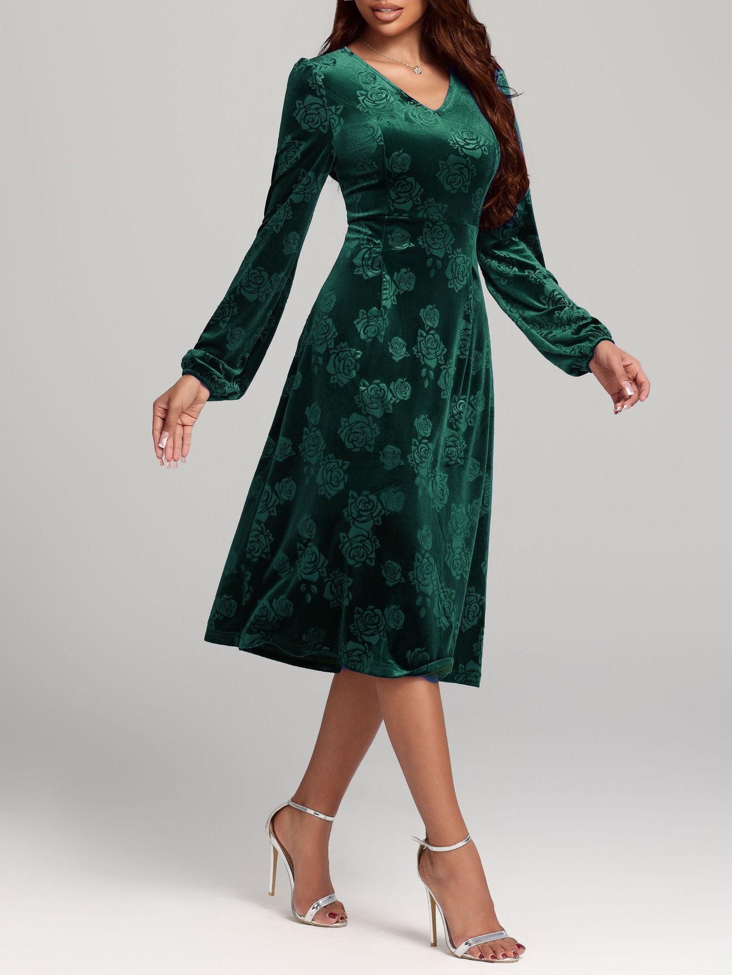 Fall Winter Sexy plus Size Mid Length Gold Velvet Embossed V neck Dress