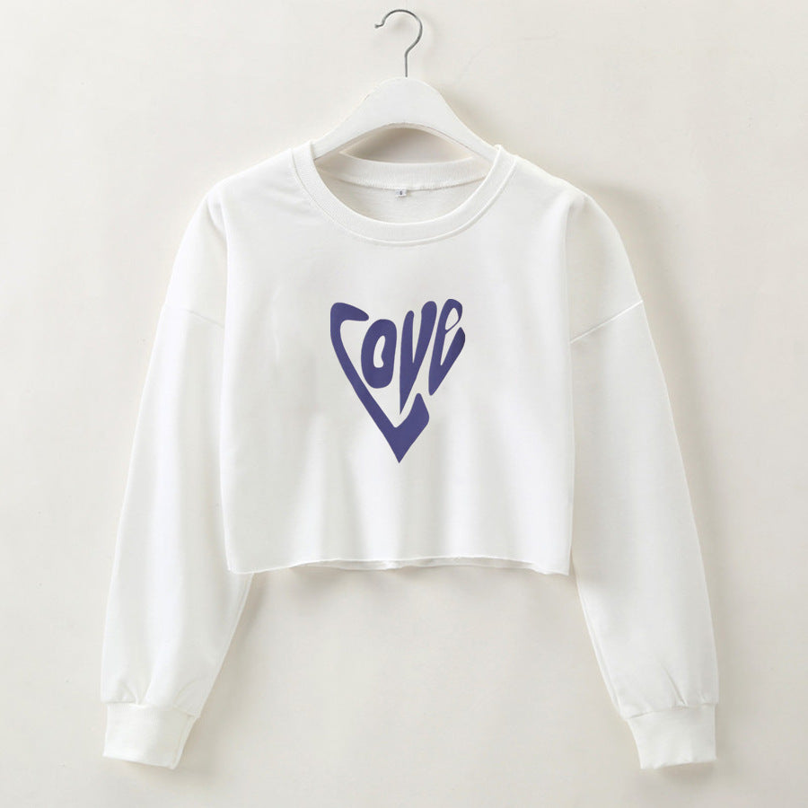 Women Clothing Autumn Winter Love Heart-Shaped Letter Graphic Printing round Neck Short Long-Sleeved Sweatshirt