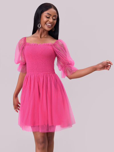 Women Clothing Dress off Neck Long Sleeve Dress Pleated Smocking Mesh Princess Dress