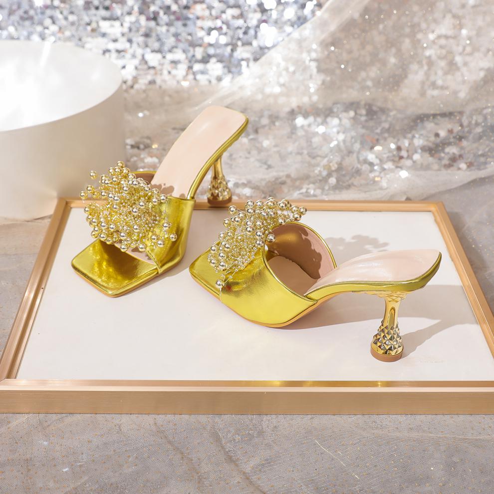 Sexy Bow Wine Glass Heel Electroplated Heel Square Toe High Heel Sandals - GLAMWEARS