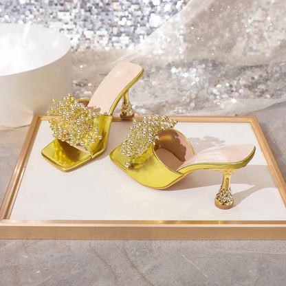 Sexy Bow Wine Glass Heel Electroplated Heel Square Toe High Heel Sandals