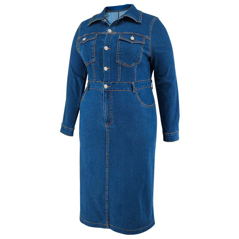 Plus Size Women Clothing Denim Collared Long Sleeve Button Mid Length Dress