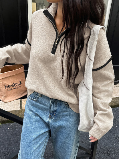 Casual Simple Solid Color Long Sleeve Zipper Sweaters Women Clothing Autumn Winter