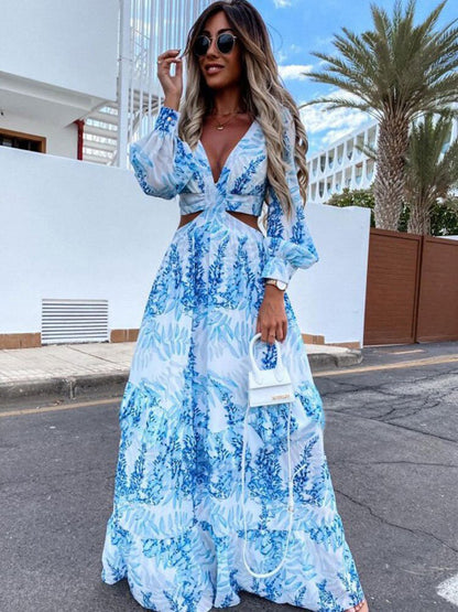 Women Wear Spring Long Printed V neck Long Sleeve Elegant Dress