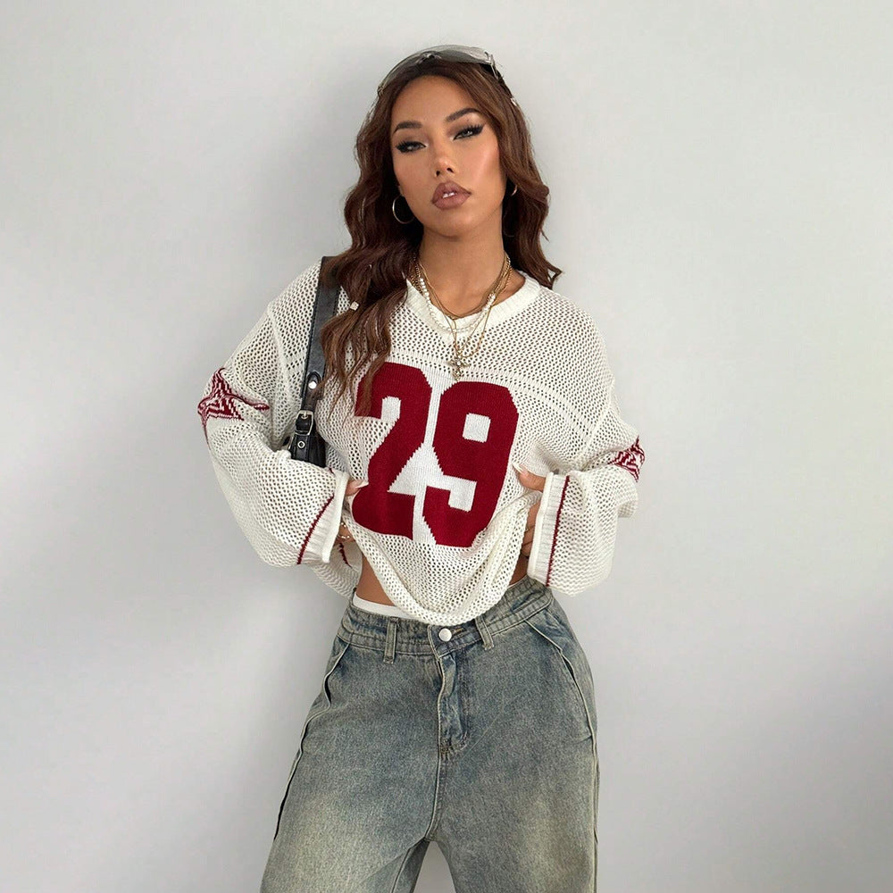 Casual Street Digital Printed V neck Long Sleeved Knitted Sweater