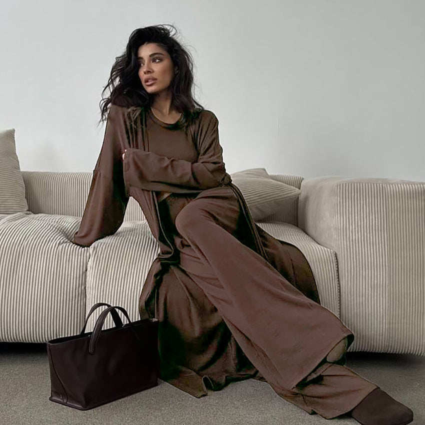 Summer Pajamas Three Piece Knitted Solid Color Top Trousers Loose Comfortable Home Wear