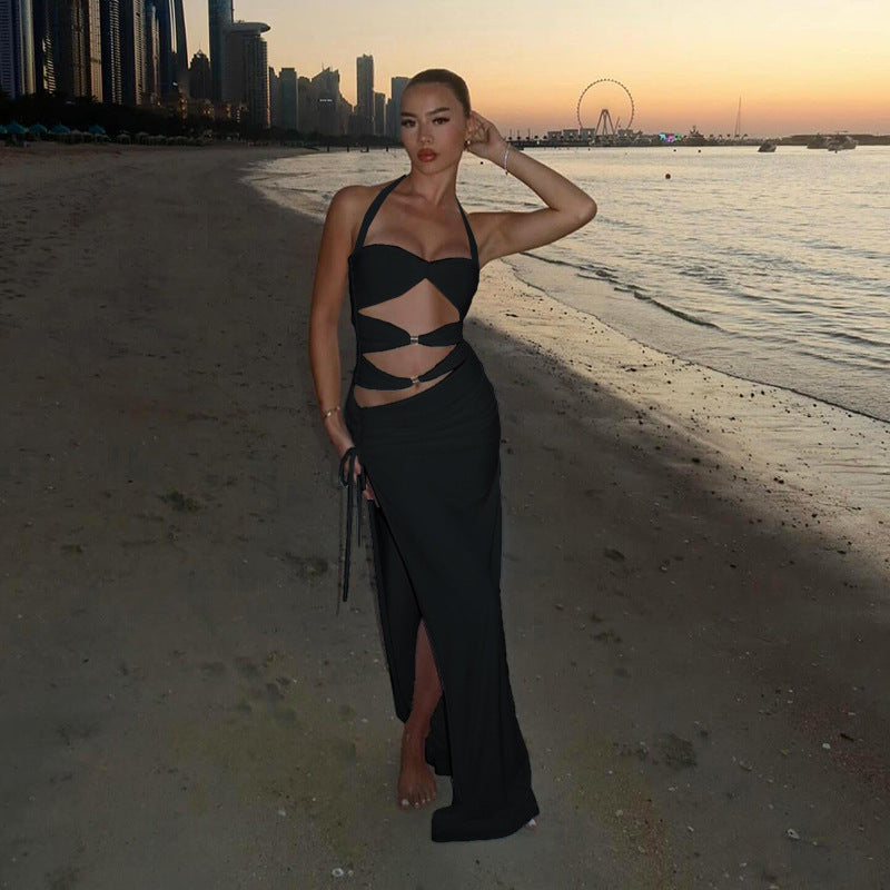 Hollow Out Cutout Metal Buckle Split Sexy Halter Tied Dress Women Vacation Dress