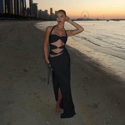 Hollow Out Cutout Metal Buckle Split Sexy Halter Tied Dress Women Vacation Dress