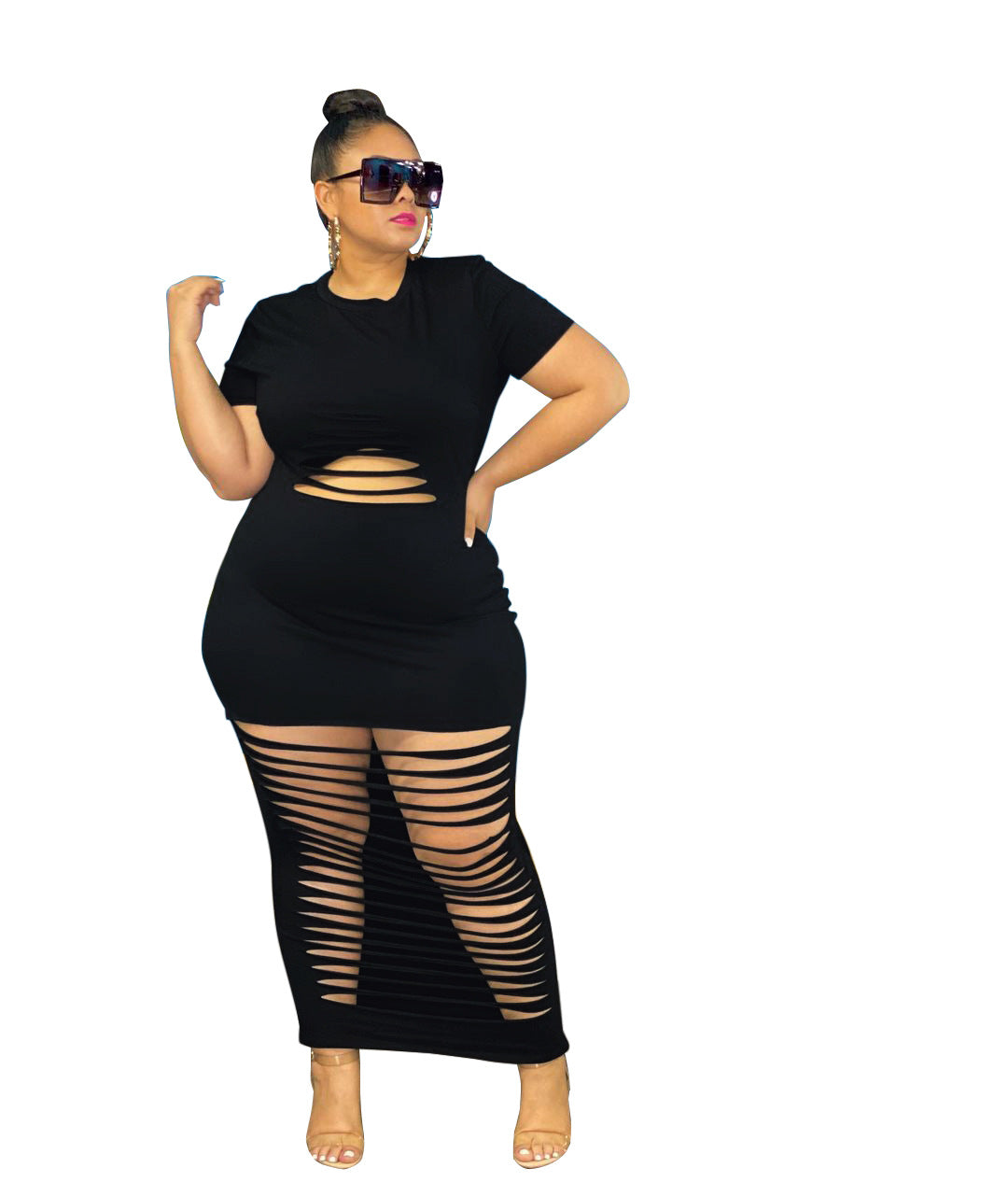 Plus Size Sexy Holes Solid Color Nightclub Dress