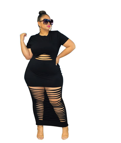 Plus Size Sexy Holes Solid Color Nightclub Dress