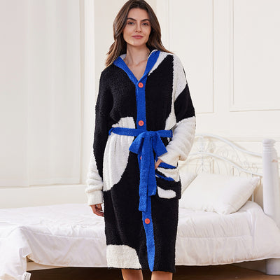 Autumn Winter Half Velvet Hooded Tracksuit Casual Pajamas Thick Mid Length Nightgown