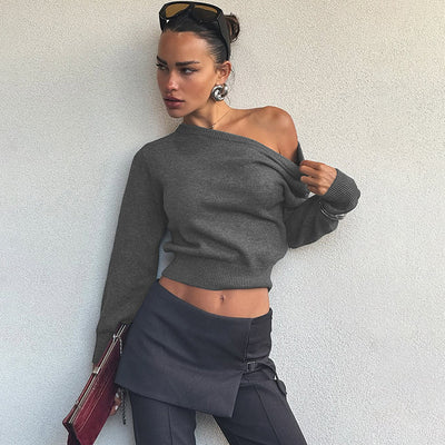 Women Clothing Summer Simple Elegant Slim Fit Sexy Cropped Diagonal Collar Long Sleeve Top