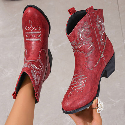 Pointed Embroidered Solid Color Chunky Heel Leather Boots Women Short Solid Color Slip on Knight Martin Boots