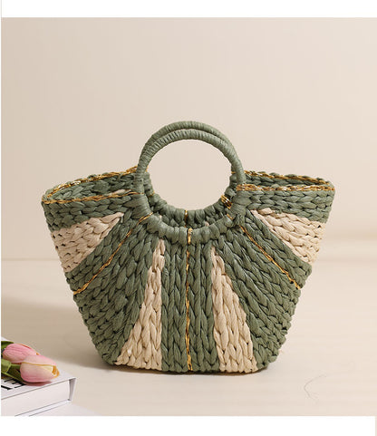 Pastoral Large Capacity Portable Straw-Weaved Bag Contrast Color Hand Carrying Straw Bag Woven Bag Vacation Beach Bag Vegetable Basket