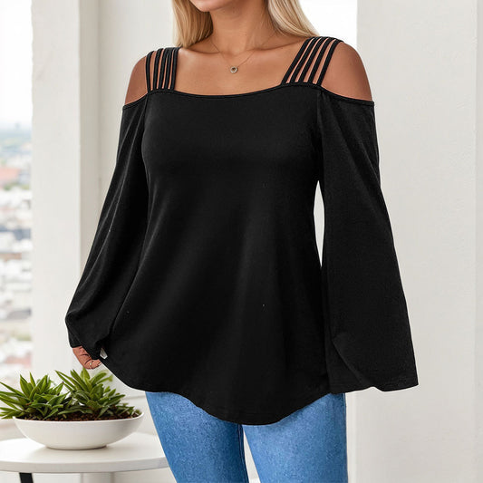Plus Size Women Simple Elegant T shirt Autumn Winter off the Shoulder Elegant Long Sleeve Top