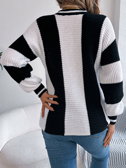 Autumn Winter Casual Contrast Color Striped Lantern Long Sleeve Pullover Women Clothing