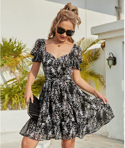 Women V-neck Puff Short Sleeve Backless A- line Back Lace-up Criss Cross Elegant Print Blouse Mini Dress