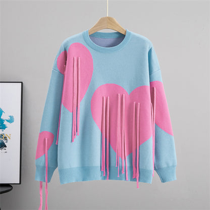 Love Tassel Autumn Winter Sweater Fashionable Knitted round Neck Stitching round Neck Pullover Top Knitting