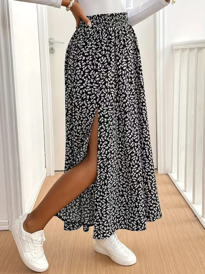 Fall Floral Skirt Split A line Sheath Mid Waist Dress