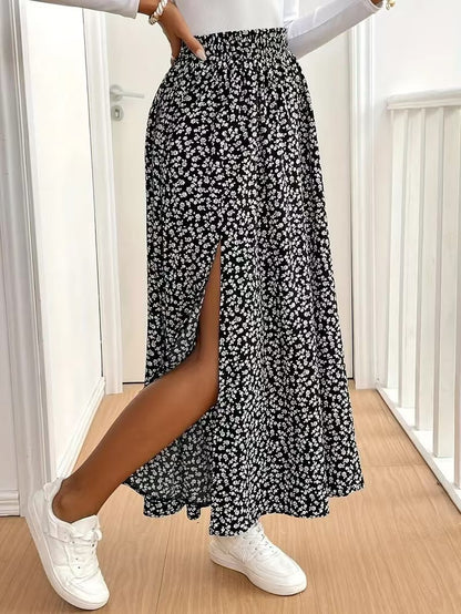 Fall Floral Skirt Split A line Sheath Mid Waist Dress