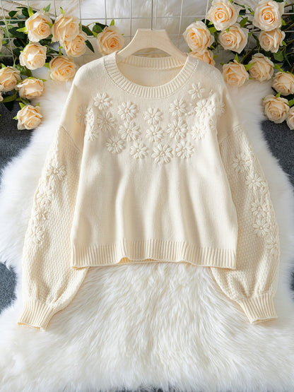 Autumn Winter Fresh Machine Embroidery Three Dimensional Little Daisy Pullover round Neck Loose Knitted Sweater
